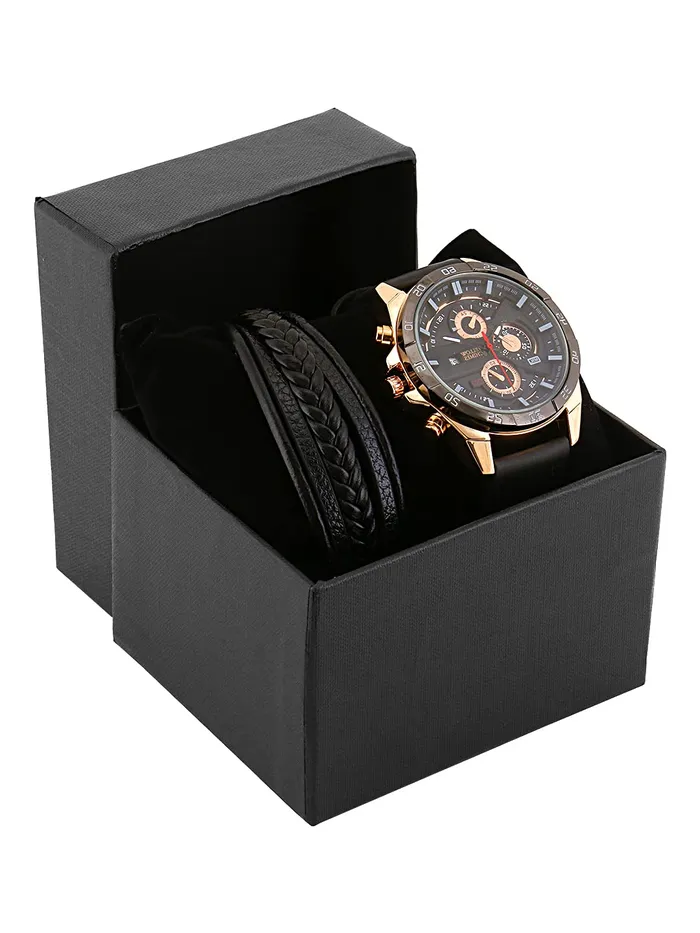 Yellow Chimes Earrings Yellow Chimes Stainless Steel Genuine Leather Black Analogue Watch with Black Leather Bracelet for Men Boys in a Gift Box Medium YCMG01WTCHBRTBK