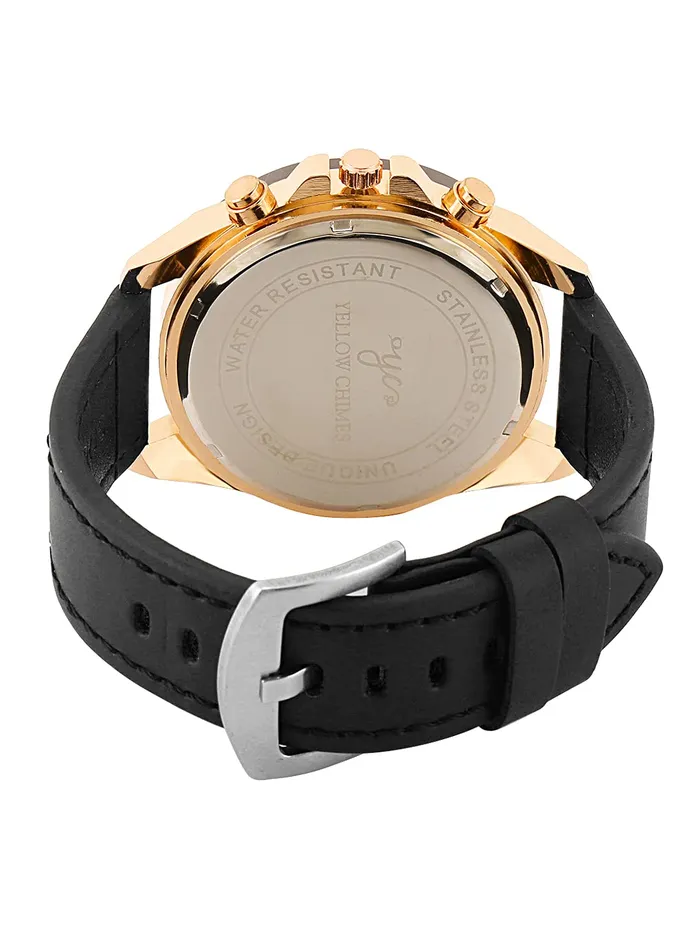 Yellow Chimes Earrings Yellow Chimes Stainless Steel Genuine Leather Black Analogue Watch with Black Leather Bracelet for Men Boys in a Gift Box Medium YCMG01WTCHBRTBK