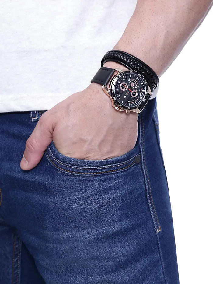 Yellow Chimes Earrings Yellow Chimes Stainless Steel Genuine Leather Black Analogue Watch with Black Leather Bracelet for Men Boys in a Gift Box Medium YCMG01WTCHBRTBK