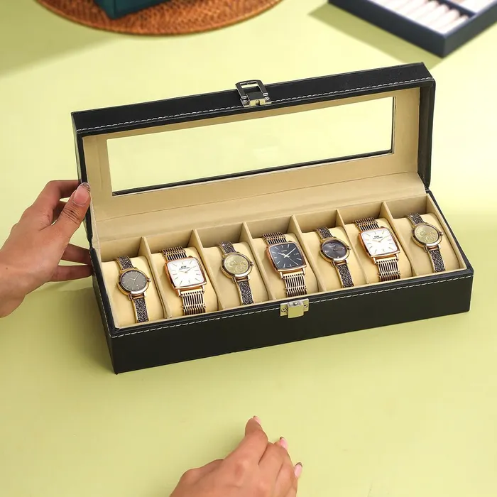 Yellow Chimes Earrings Yellow Chimes Watch Box Organizer for Men And Women Watch Case Storage Organiser PU Leather Bracelet Watch Collection Box Watch Case with Large Glass Lid Gift For Men Women