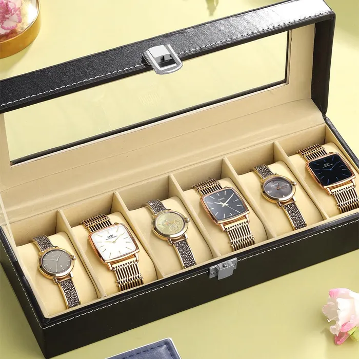 Yellow Chimes Earrings Yellow Chimes Watch Box Organizer for Men And Women Watch Case Storage Organiser PU Leather Bracelet Watch Collection Box Watch Case with Large Glass Lid Gift For Men Women