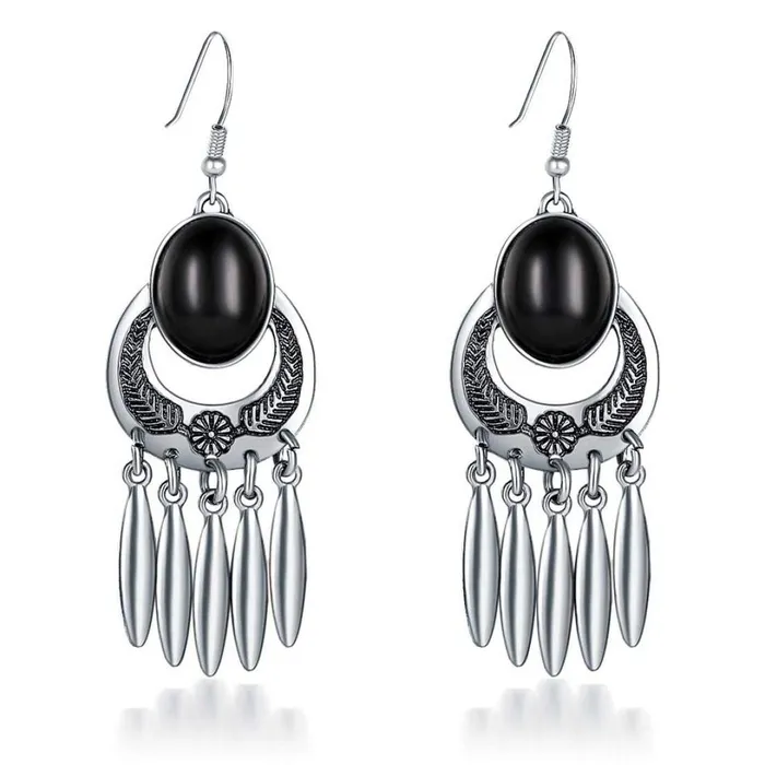 Yellow Chimes Earrings Yellow Chimes Womens Exclusive Stylish Infinity Petals Brilliant Opal Oxidized Silver Plated Base Metal Tassel Drop Earrings Black