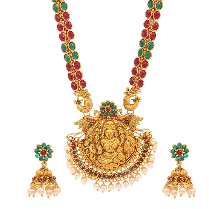 Yellow Chimes Earrings Yellow Chimes Womens Temple Traditional Gold Plated Long Haram Necklace Set Studded Stone Antique Jewellery Set Yellow Chimes Earrings Yellow Chimes Womens Temple Traditional Gold Plated Long Haram Necklace Set Studded Stone Antique Jewellery Set