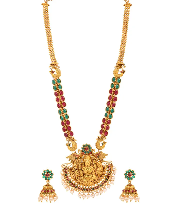 Yellow Chimes Earrings Yellow Chimes Womens Temple Traditional Gold Plated Long Haram Necklace Set Studded Stone Antique Jewellery Set