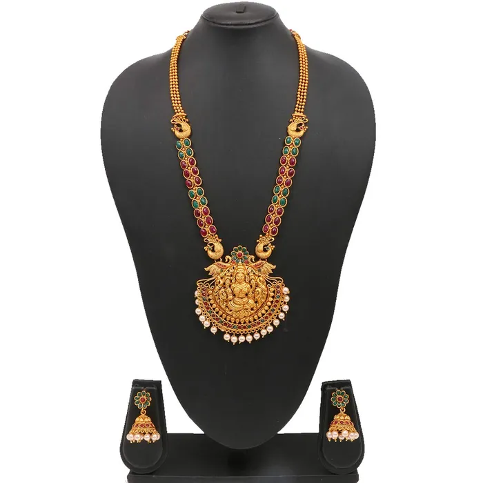 Yellow Chimes Earrings Yellow Chimes Womens Temple Traditional Gold Plated Long Haram Necklace Set Studded Stone Antique Jewellery Set