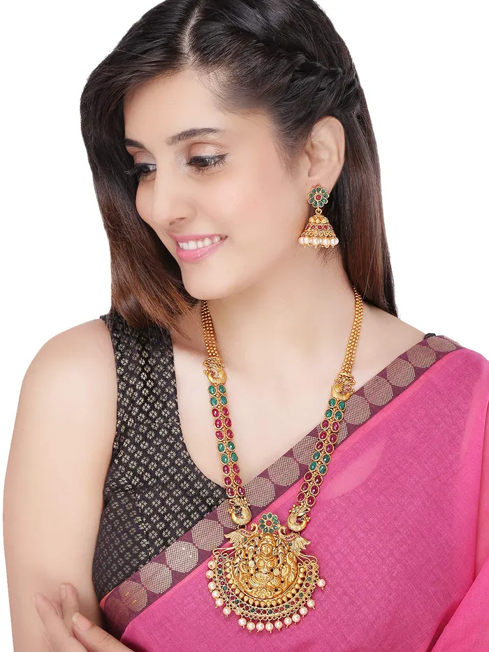 Yellow Chimes Earrings Yellow Chimes Womens Temple Traditional Gold Plated Long Haram Necklace Set Studded Stone Antique Jewellery Set