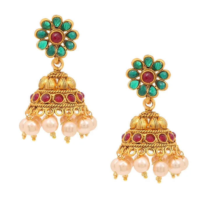 Yellow Chimes Earrings Yellow Chimes Womens Temple Traditional Gold Plated Long Haram Necklace Set Studded Stone Antique Jewellery Set