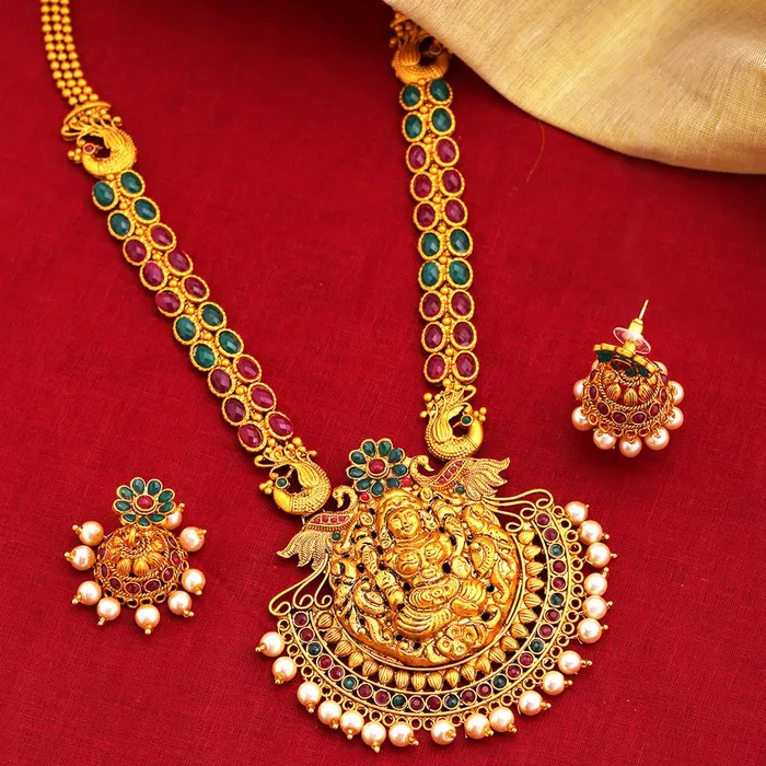 Yellow Chimes Earrings Yellow Chimes Womens Temple Traditional Gold Plated Long Haram Necklace Set Studded Stone Antique Jewellery Set
