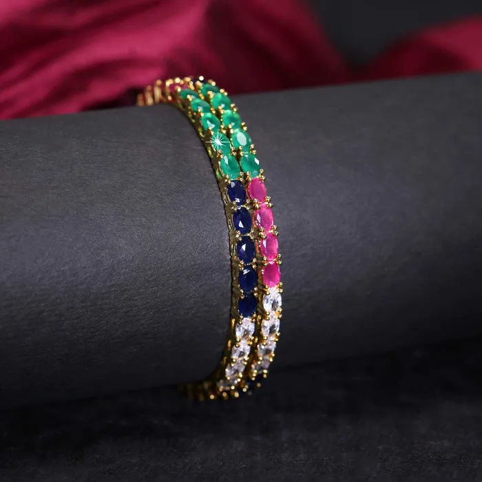 Yellow Chimes Elegant Multicolor ADAmerican Diamond Studded 18k Gold Plated Classic 2 PCs Handcrafted Bangles Set for Women Girls 26 Yellow Chimes Earrings