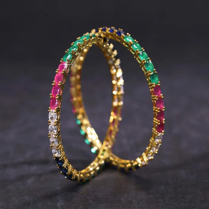 Yellow Chimes Elegant Multicolor ADAmerican Diamond Studded 18k Gold Plated Classic 2 PCs Handcrafted Bangles Set for Women Girls 26 Yellow Chimes Earrings