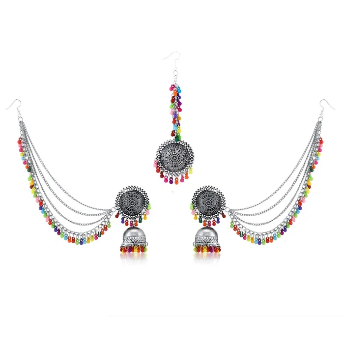 Yellow Chimes German Oxidised Silver Antique Traditional Maang Tikka with Earrings Jewellery Set for Women and Girls Multicolor Yellow Chimes Earrings Yellow Chimes German Oxidised Silver Antique Traditional Maang Tikka with Earrings Jewellery Set for Women and Girls Multicolor Yellow Chimes Earrings