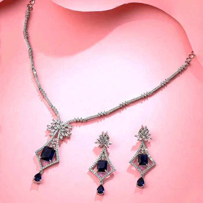 Yellow Chimes Jewellery Set for Women and Girls American Diamond Jewellery Set Silver Tone Drop Designed Blue AD Necklace Set Birthday Gift for girls and women Anniversary Gift for Wife Yellow Chimes Rings