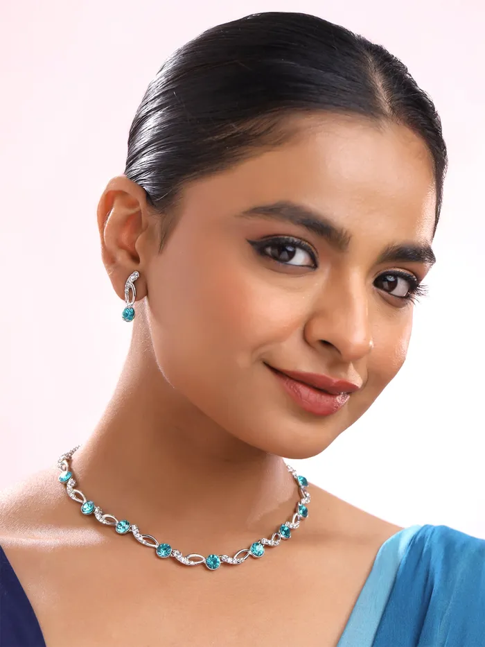 Yellow Chimes Jewellery Set for Women and Girls Crystal Jewellery Set for Women Silver Tone White and Blue Crystal Choker Necklace Set Birthday Gifts For Women Valentine Gift for Girls Yellow Chimes Earrings