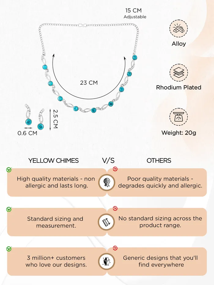 Yellow Chimes Jewellery Set for Women and Girls Crystal Jewellery Set for Women Silver Tone White and Blue Crystal Choker Necklace Set Birthday Gifts For Women Valentine Gift for Girls Yellow Chimes Earrings