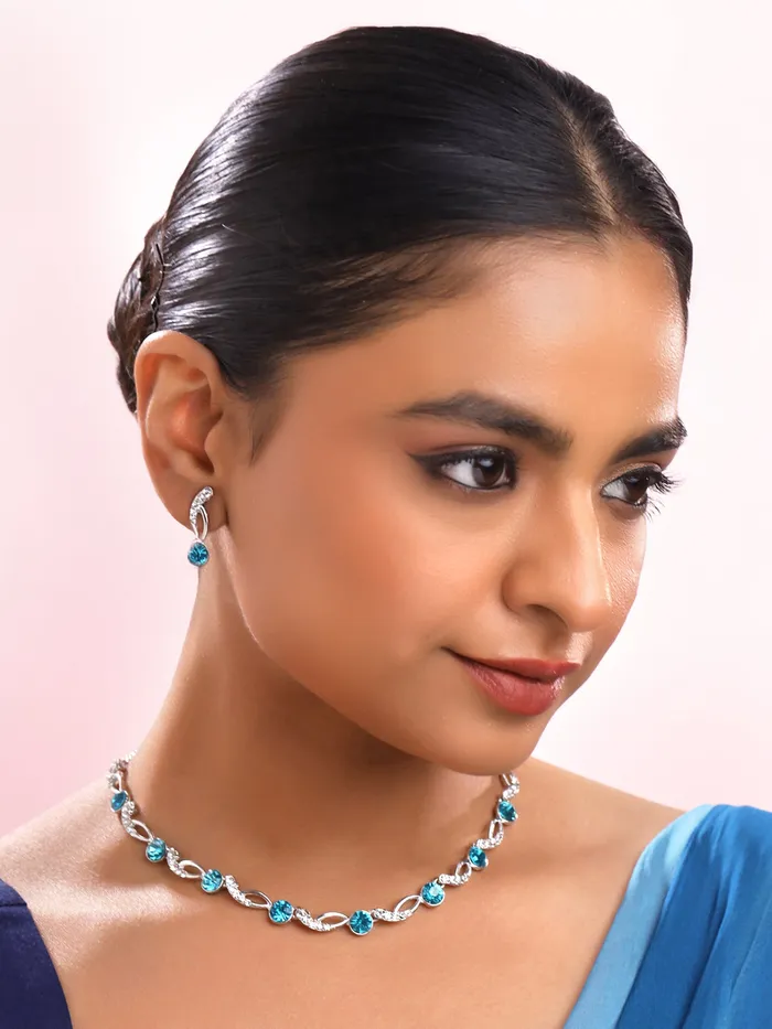 Yellow Chimes Jewellery Set for Women and Girls Crystal Jewellery Set for Women Silver Tone White and Blue Crystal Choker Necklace Set Birthday Gifts For Women Valentine Gift for Girls Yellow Chimes Earrings