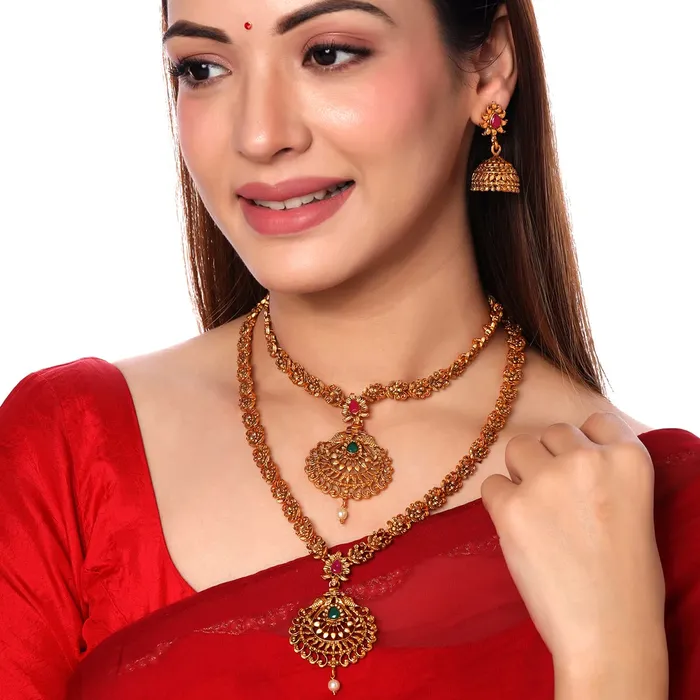 Yellow Chimes Jewellery Set for Women Gold Plated Traditional Temple Jewelry Set Antique Necklace Set with Earrings and Maangtikka for Women and Girls JS 17 Yellow Chimes Necklaces
