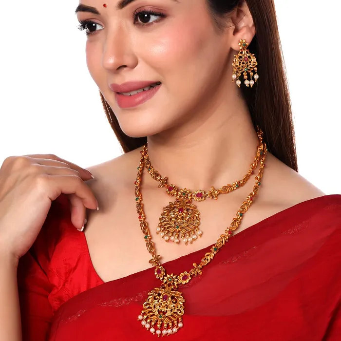 Yellow Chimes Jewellery Set for Women Gold Plated Traditional Temple Jewelry Set Antique Necklace Set with Earrings and Maangtikka for Women and Girls JS 17 Yellow Chimes Necklaces