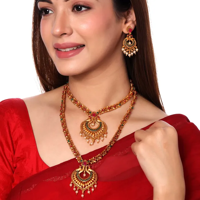Yellow Chimes Jewellery Set for Women Gold Plated Traditional Temple Jewelry Set Antique Necklace Set with Earrings and Maangtikka for Women and Girls JS 17 Yellow Chimes Necklaces