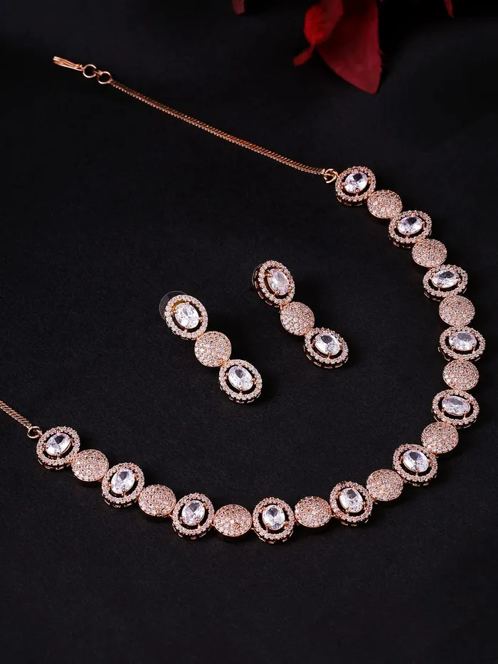 Yellow Chimes Jewellery Set For Women Rose Gold Toned ADAmerican Diamond Studded Necklace Set For Women and Girls Yellow Chimes Earrings