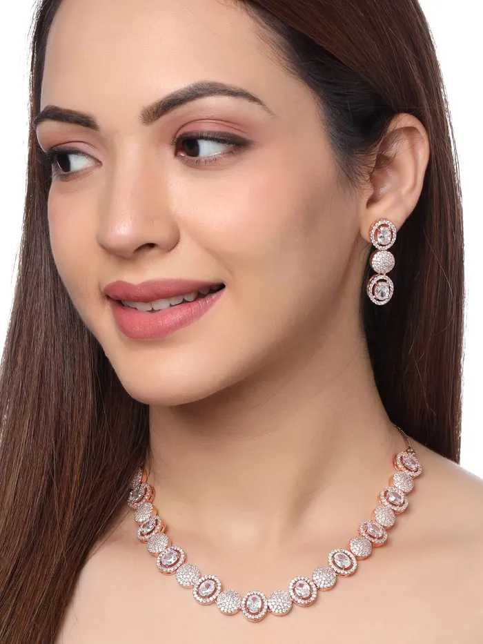 Yellow Chimes Jewellery Set For Women Rose Gold Toned ADAmerican Diamond Studded Necklace Set For Women and Girls Yellow Chimes Earrings