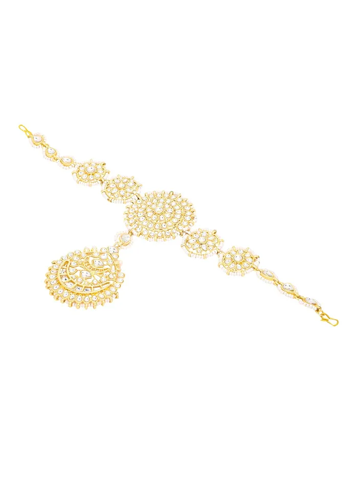 Yellow Chimes Mathapati for Women Gold Toned Kundan Studded Pearl Drop Chandbali Designed Head ChainMathapati for Women and Girls Yellow Chimes Earrings