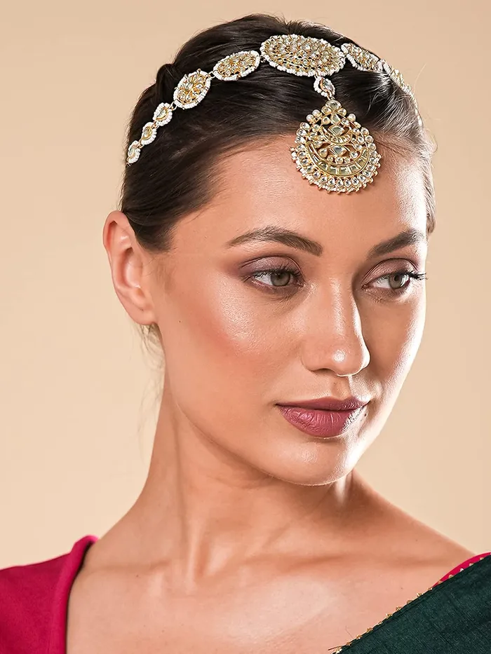 Yellow Chimes Mathapati for Women Gold Toned Kundan Studded Pearl Drop Chandbali Designed Head ChainMathapati for Women and Girls Yellow Chimes Earrings