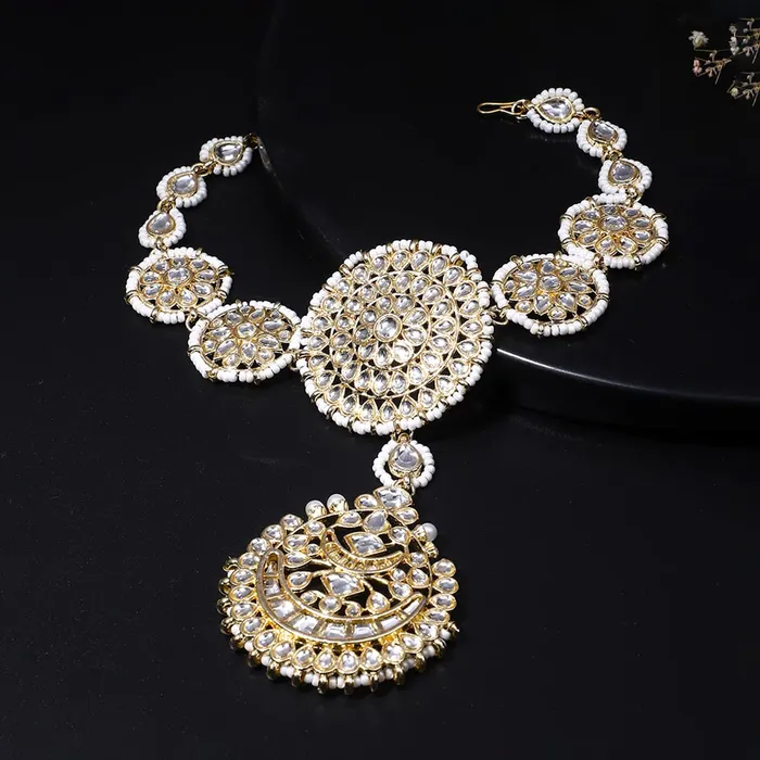 Yellow Chimes Mathapati for Women Gold Toned Kundan Studded Pearl Drop Chandbali Designed Head ChainMathapati for Women and Girls Yellow Chimes Earrings