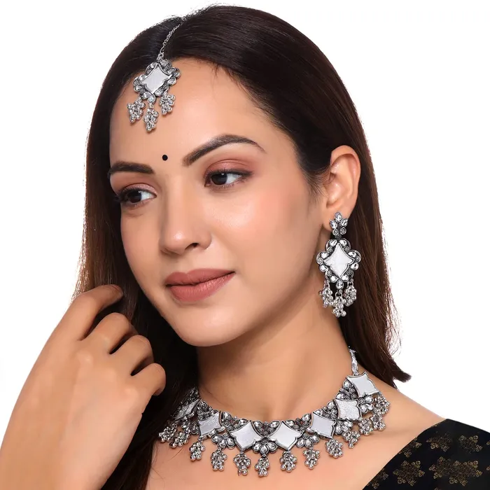 Yellow Chimes Necklace Set for Women Girls Traditional Silver Oxidised Necklace Set for Women Oxidised Silver Necklace Set Birthday Gift for Girls Women Anniversary Gift for Wife Yellow Chimes Necklaces