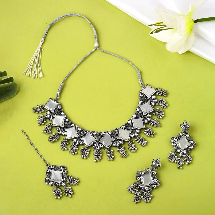Yellow Chimes Necklace Set for Women Girls Traditional Silver Oxidised Necklace Set for Women Oxidised Silver Necklace Set Birthday Gift for Girls Women Anniversary Gift for Wife Yellow Chimes Necklaces