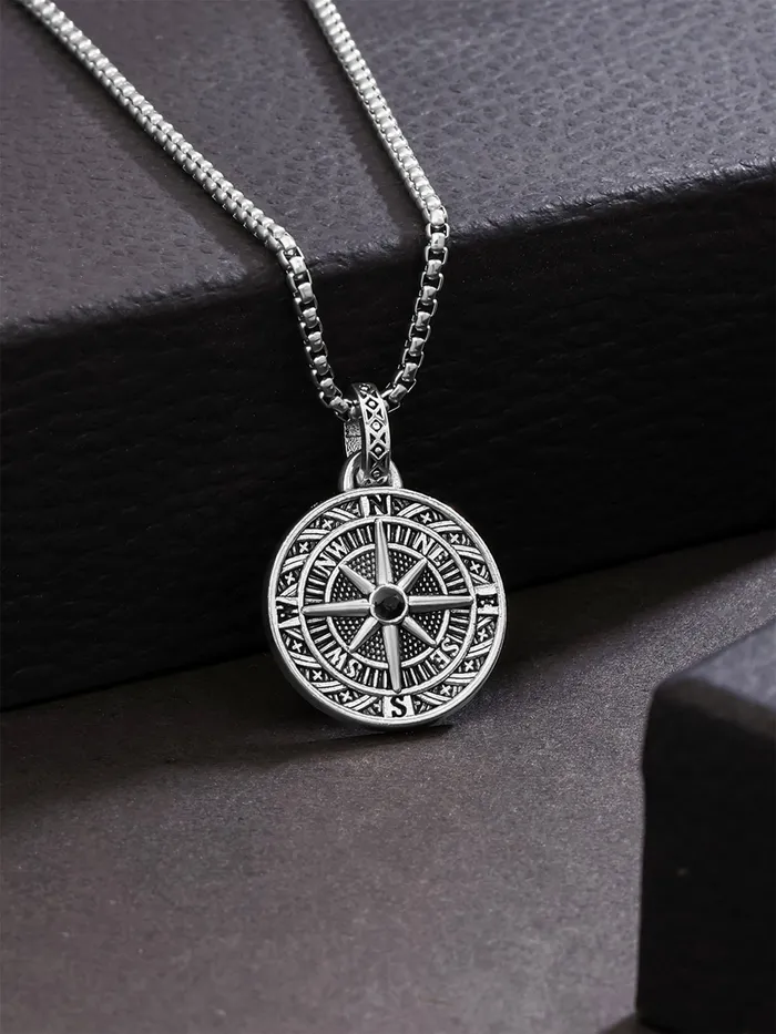Yellow Chimes Necklaces Chain Pendant for Men Silver Compass Design Necklace Accessories 60cm Stainless Steel