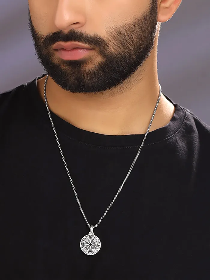 Yellow Chimes Necklaces Chain Pendant for Men Silver Compass Design Necklace Accessories 60cm Stainless Steel