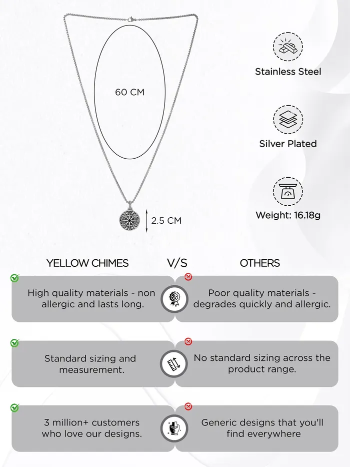 Yellow Chimes Necklaces Chain Pendant for Men Silver Compass Design Necklace Accessories 60cm Stainless Steel