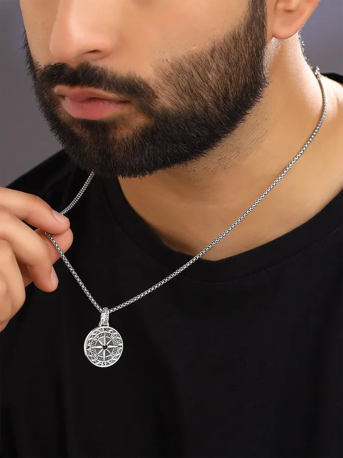Yellow Chimes Necklaces Chain Pendant for Men Silver Compass Design Necklace Accessories 60cm Stainless Steel