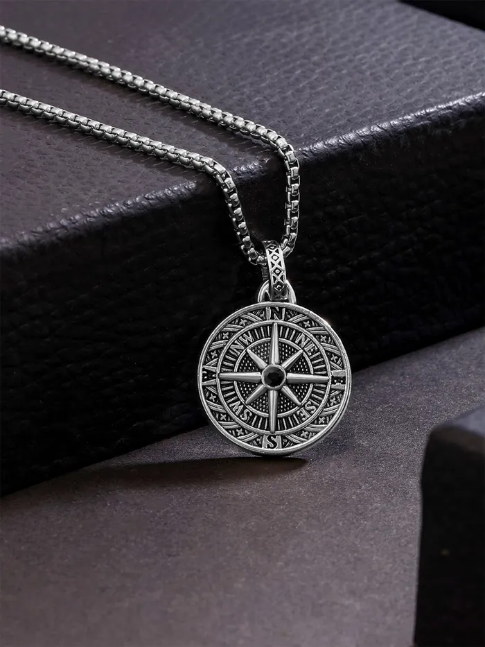 Yellow Chimes Necklaces Chain Pendant for Men Silver Compass Design Necklace Accessories 60cm Stainless Steel