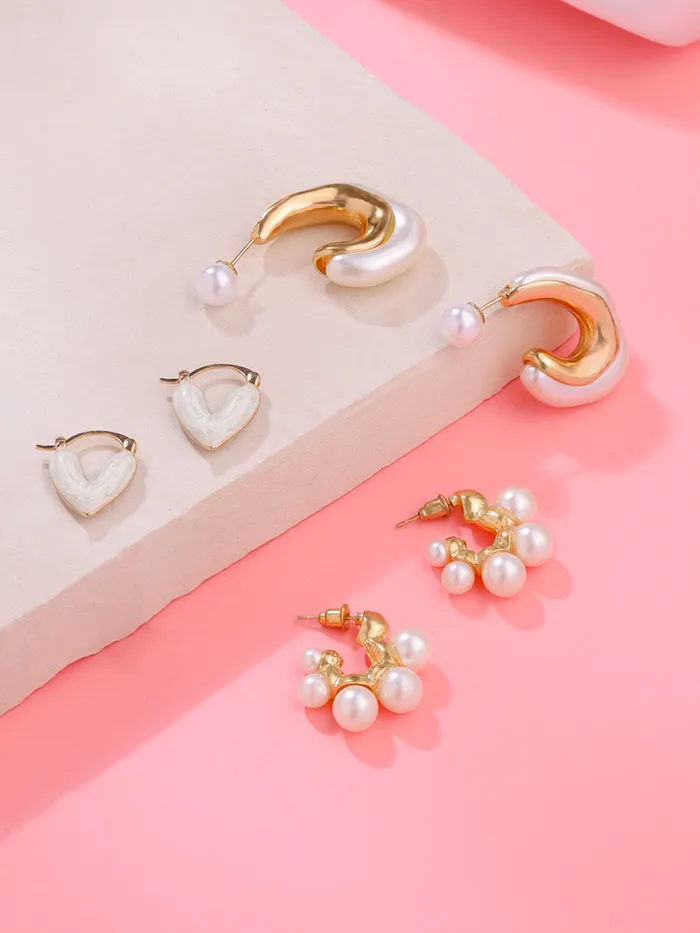 Yellow Chimes Necklaces Combo Pearl Hoop Earrings for Women Fashionable Gift Set 3 Pairs Gold White