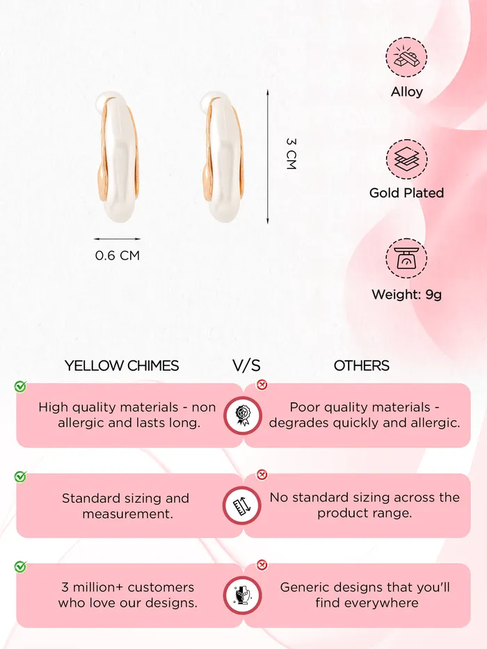 Yellow Chimes Necklaces Combo Pearl Hoop Earrings for Women Fashionable Gift Set 3 Pairs Gold White