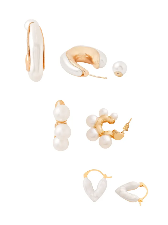 Yellow Chimes Necklaces Combo Pearl Hoop Earrings for Women Fashionable Gift Set 3 Pairs Gold White
