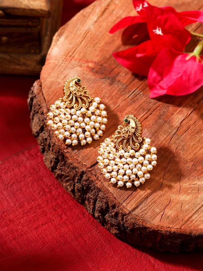 Yellow Chimes Necklaces Gold Plated Pearl Drop Earrings Peacock Design 45 cm Elegant Gift for Women