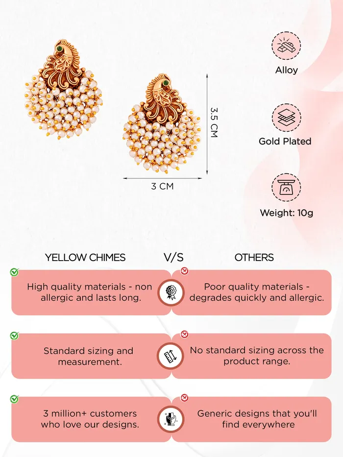 Yellow Chimes Necklaces Gold Plated Pearl Drop Earrings Peacock Design 45 cm Elegant Gift for Women