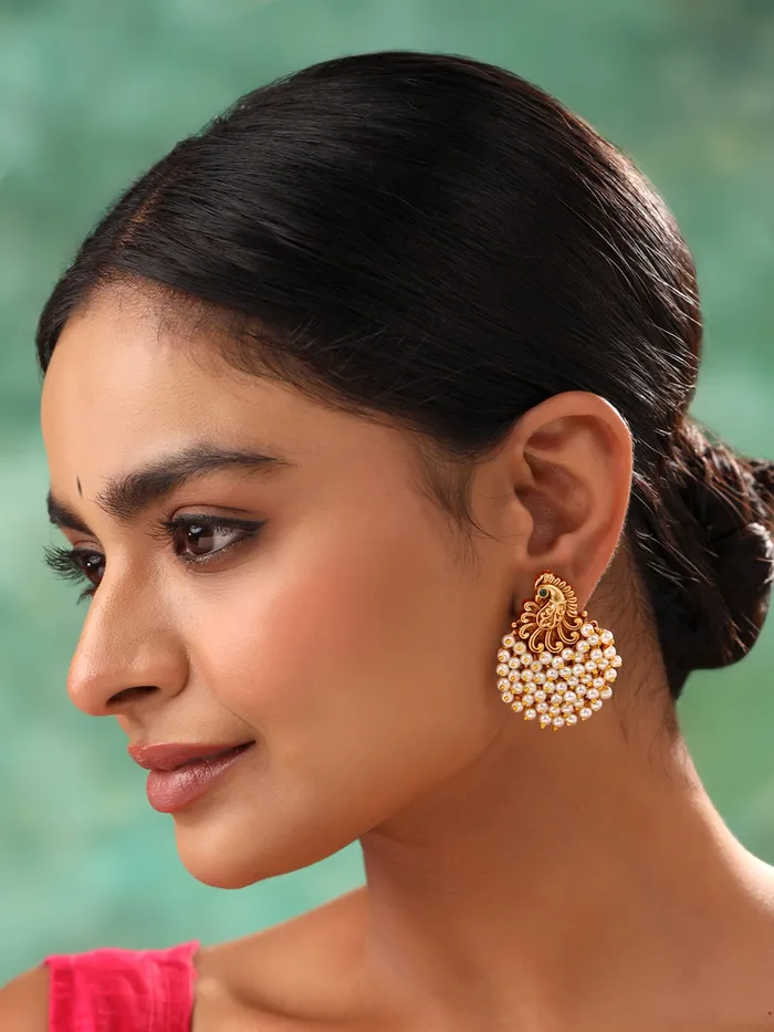 Yellow Chimes Necklaces Gold Plated Pearl Drop Earrings Peacock Design 45 cm Elegant Gift for Women