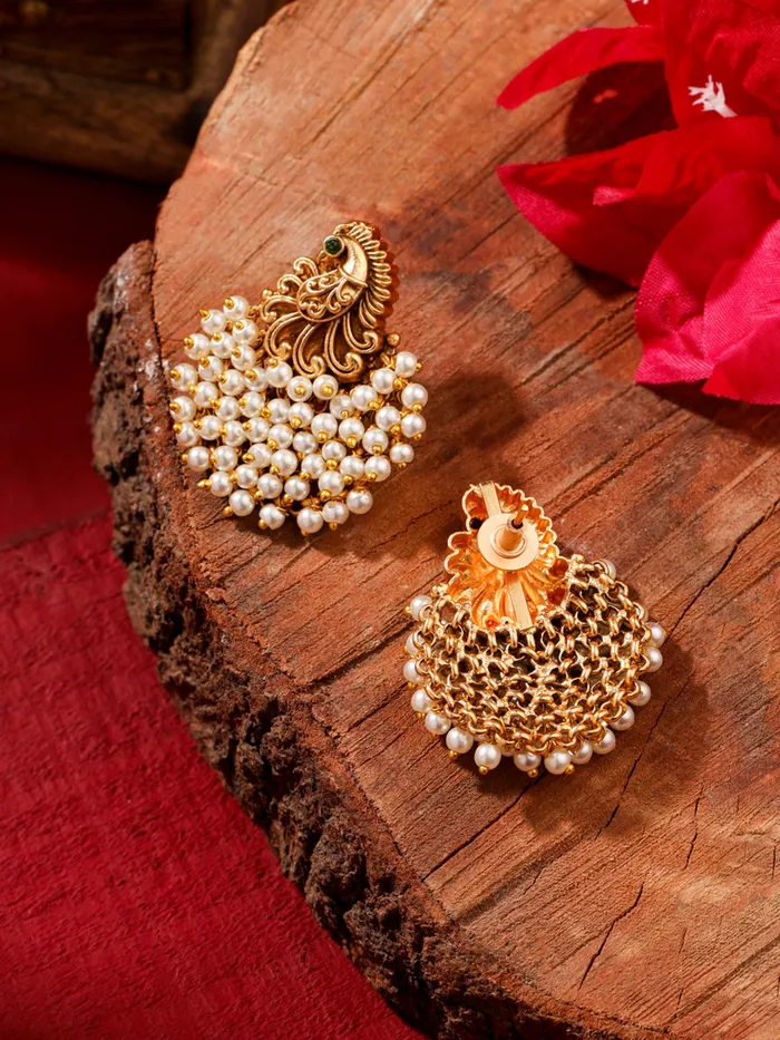 Yellow Chimes Necklaces Gold Plated Pearl Drop Earrings Peacock Design 45 cm Elegant Gift for Women