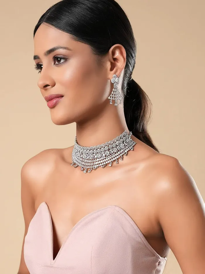 Yellow Chimes Necklaces Yellow Chimes American Diamond Jewellery Set for Women Rhodium Plated Bridal Wedding White AD Jewellery Necklace Set for Women and Girls