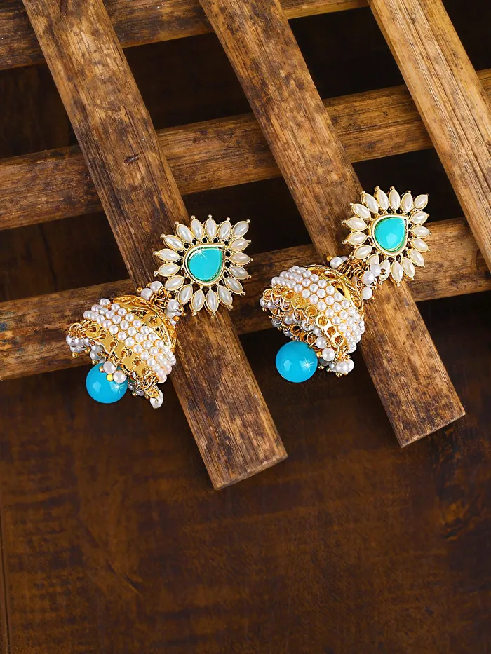 Yellow Chimes Necklaces Yellow Chimes Bollywood Celebrity Party Wear Traditional Pearl Moti JhumkaJhumki Earrings for Women and Girls Blue