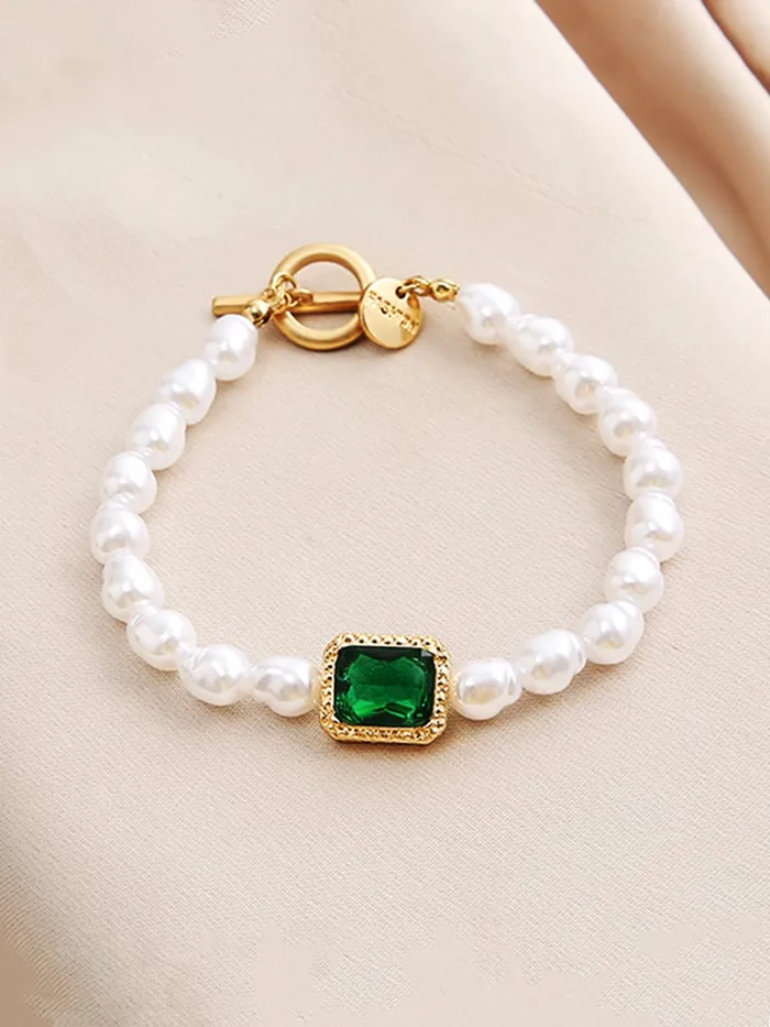 Yellow Chimes Necklaces Yellow Chimes Bracelet for Women and Girls Pearl Bracelets for Girls Gold Toned Pearl Beaded Green Crystal Pearls Bracelet Birthday Gift For girls and women Anniversary Gift for Wife
