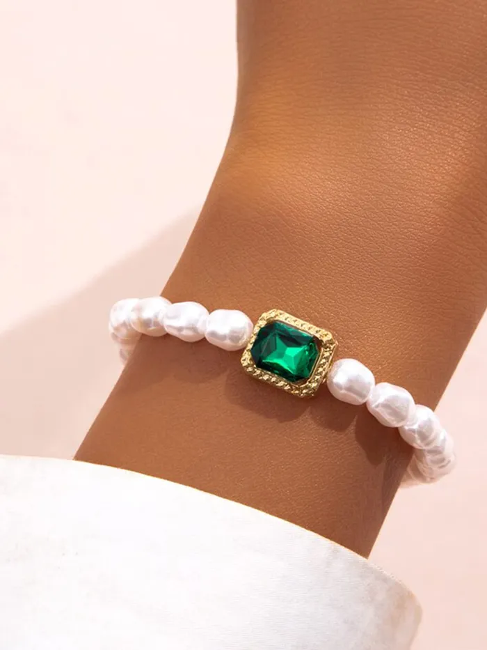 Yellow Chimes Necklaces Yellow Chimes Bracelet for Women and Girls Pearl Bracelets for Girls Gold Toned Pearl Beaded Green Crystal Pearls Bracelet Birthday Gift For girls and women Anniversary Gift for Wife