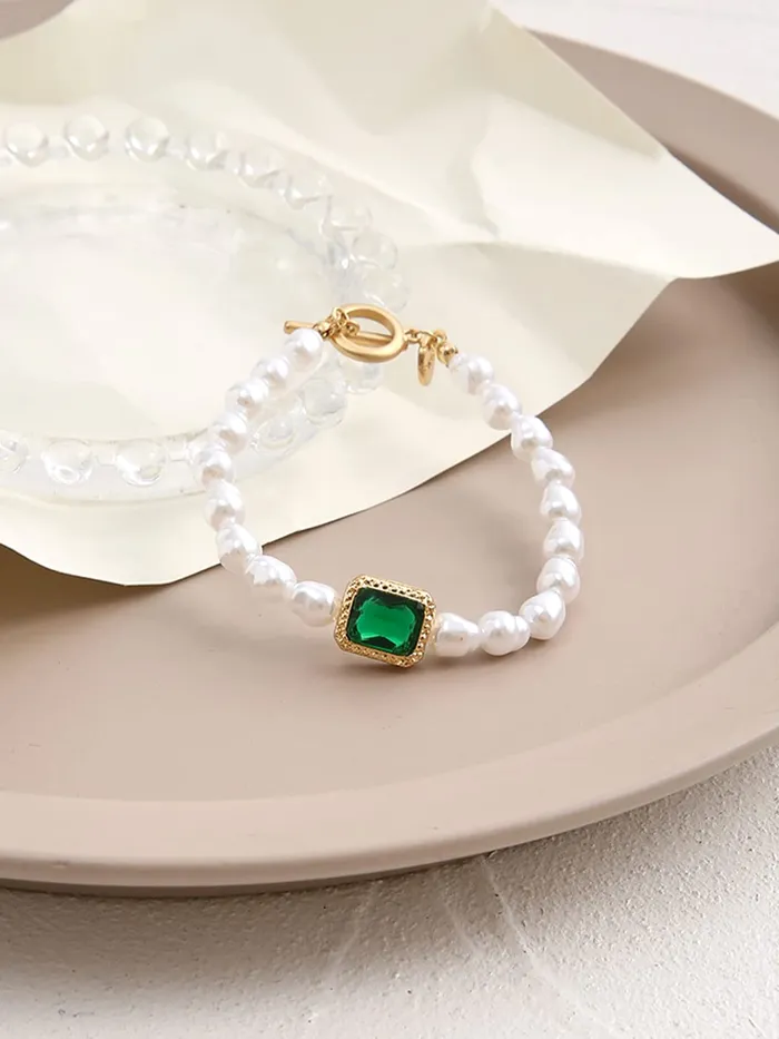Yellow Chimes Necklaces Yellow Chimes Bracelet for Women and Girls Pearl Bracelets for Girls Gold Toned Pearl Beaded Green Crystal Pearls Bracelet Birthday Gift For girls and women Anniversary Gift for Wife