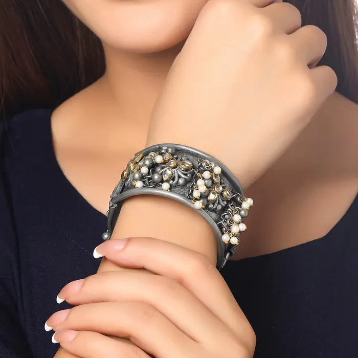 Yellow Chimes Necklaces Yellow Chimes Bracelet for Women and Girls Silver Oxidised Floral Designed Kada Bracelets for Women and Girls Birthday Gift For girls and women Anniversary Gift for Wife