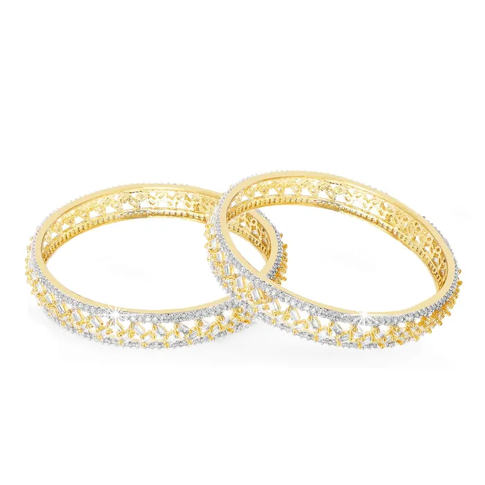 Yellow Chimes Necklaces Yellow Chimes Classic Design Set of 2 Pcs White ADAmerican Diamond Studded 18k Gold Plated Handcrafted Bangles Set for Women Girls 28