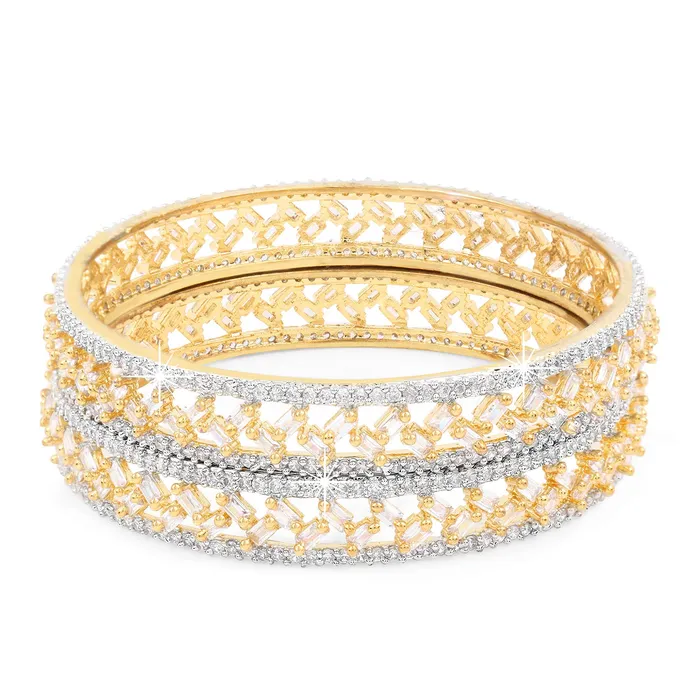 Yellow Chimes Necklaces Yellow Chimes Classic Design Set of 2 Pcs White ADAmerican Diamond Studded 18k Gold Plated Handcrafted Bangles Set for Women Girls 28