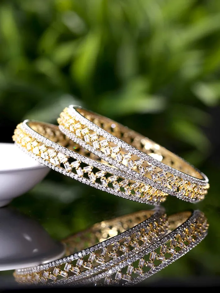 Yellow Chimes Necklaces Yellow Chimes Classic Design Set of 2 Pcs White ADAmerican Diamond Studded 18k Gold Plated Handcrafted Bangles Set for Women Girls 28